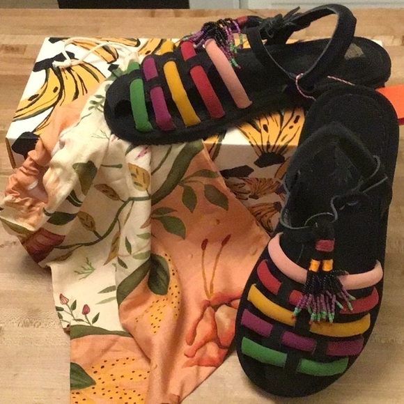 Farm Rio Beaded Rainbow Tube Strap Tassel Sandals with tropical print dust bag … - Picture 1 of 9
